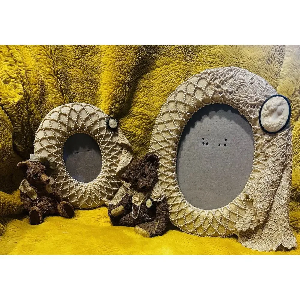 Fancy Frames Cameo Lace Ribbon Teddy Bear Lace Picture Frame Set Of 2 Victorian